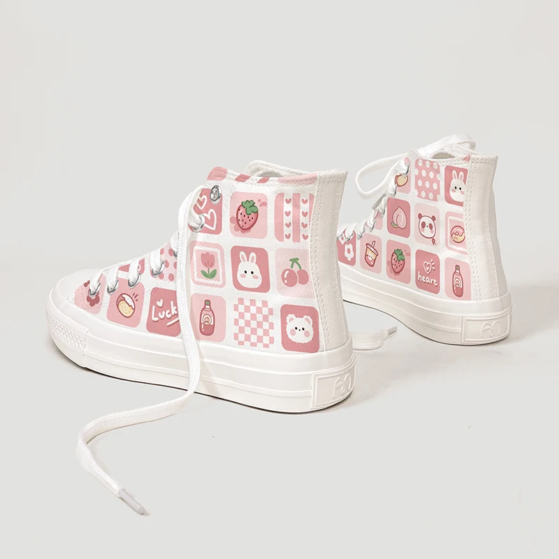 Amy and Michael Sweet Kawaii Shoes Lovely Girls Students Hand Painted Canvas Sneakers Women High Top Casual Flat Espadrilles