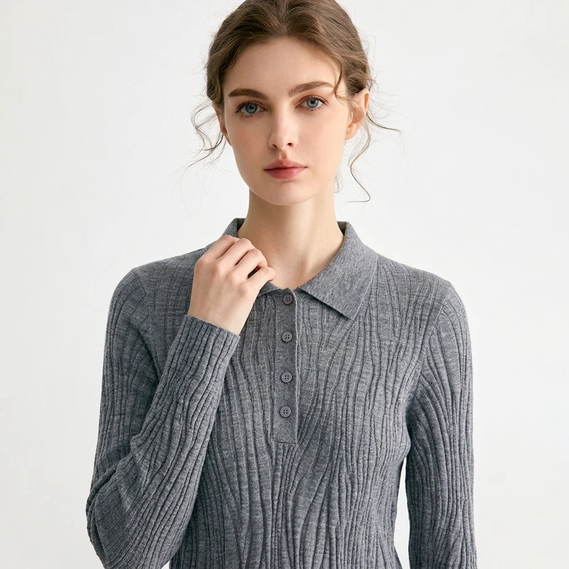 

Женский свитер-поло из 100% мериносовой шерсти премиум-класса, вязаный, с воротником, с текстурой «рипленка», бесшовный, цельновязаный, с длинными рукавами