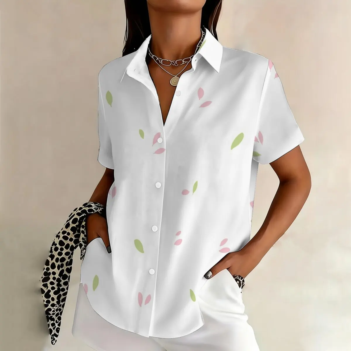 

Simple and personalized leaf print summer women's plus size lapel short sleeved shirt fashionable daily versatile casual top
