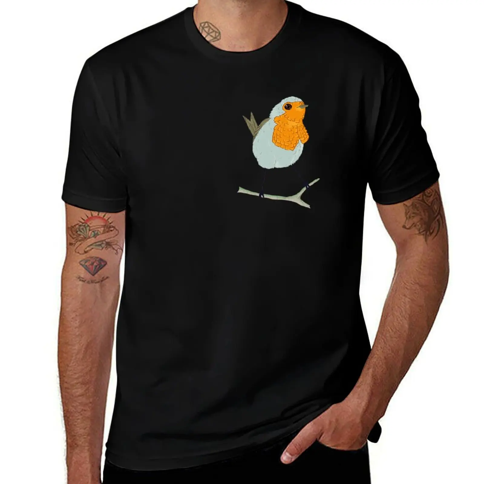 European Robin on Stick T-Shirt Large Size Short Sleeve T-Shirt