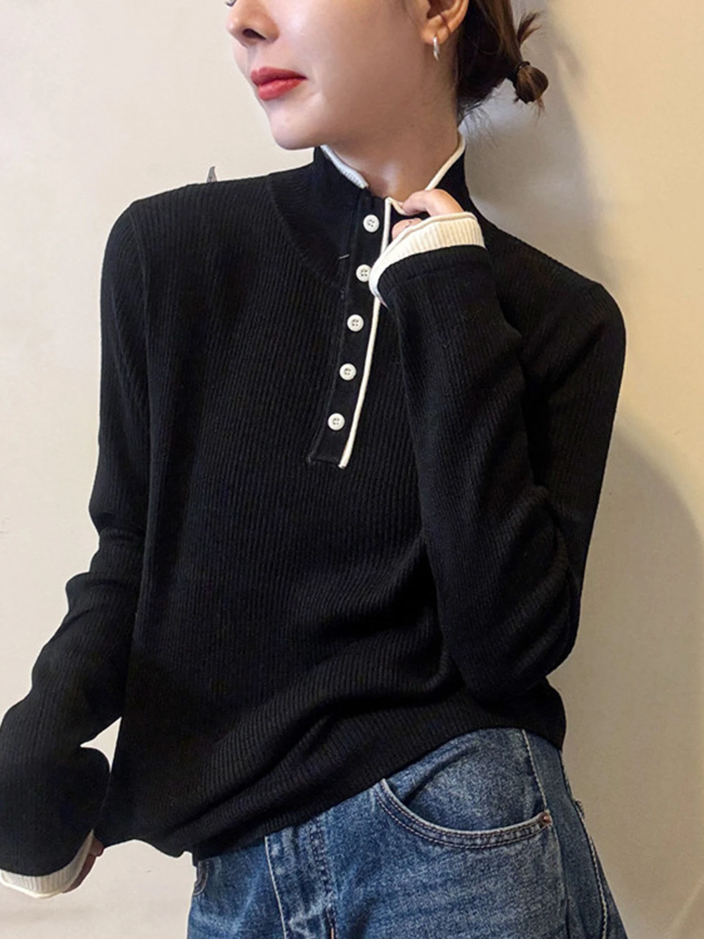 

Цветной вязаный свитер с высоким воротником Blo Long Sve Lazy Sle, модный топ в стиле ретро, зимний топ прямого кроя, корейская версия