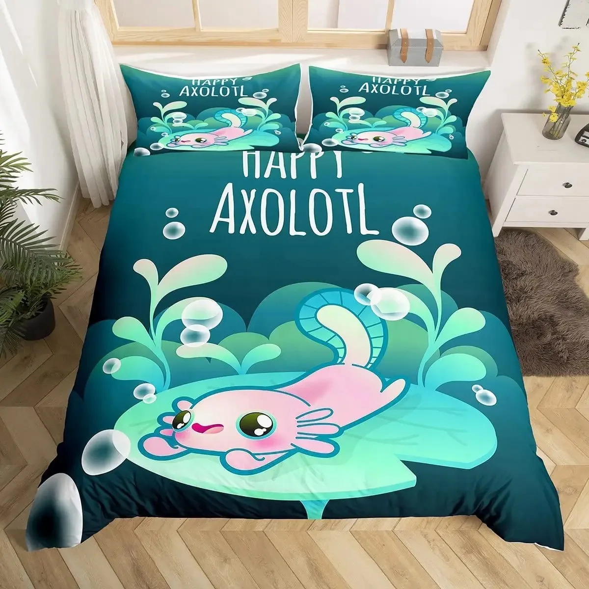 

Cute Axolotl Bedding Set for Boys Girls Kawaii Reptiles Animal Comforter Cover Twin King Size Sea Wildlife Axolotl Duvet Cover