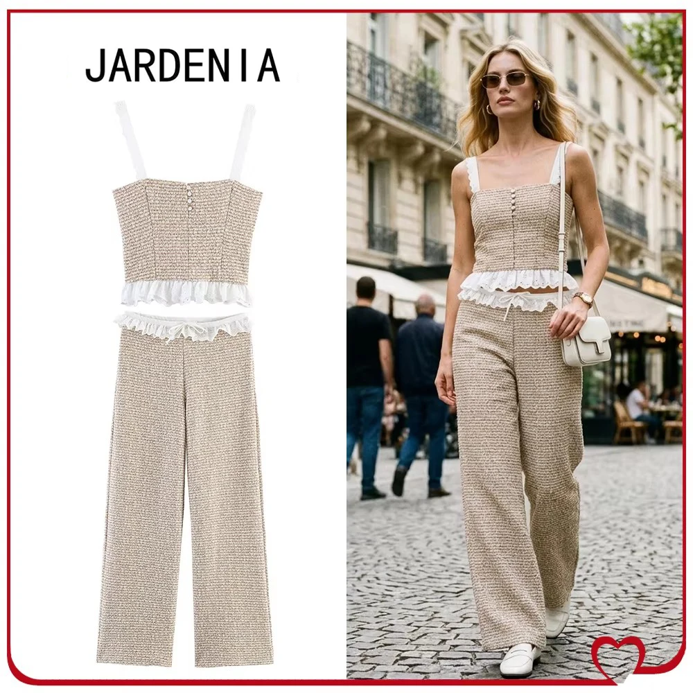 Elegant Chic Textured Pant Sets for Women Summer Co-ord Sets Combination Textured Wide Strap Top and Tonal Wide Leg Ruffle Pants