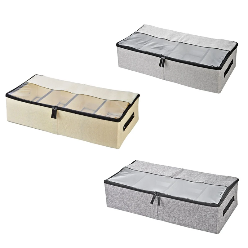 

Under Bed Storage Bins Containers Large Foldable Shoe Storage Organizers With Clear Lid, 2-Way Zippers