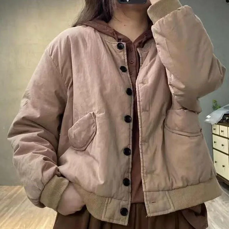 جيوب غير رسمية ملابس خارجية من القطن الناعم سترة فضفاضة للخريف والشتاء للنساء من الكتان الدافئ معطف بصدر واحد أدبي #3