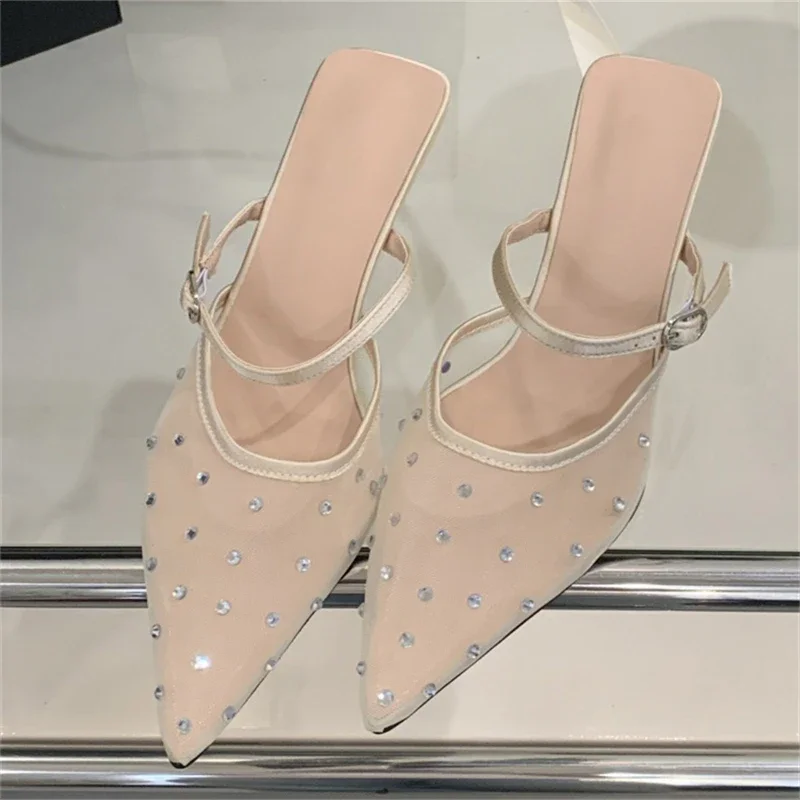 

Eilyken элегантные женские тапочки из сетчатой ткани с острым носком, пикантные туфли-мюли на тонком низком каблуке с пряжкой и ремешком для выпускного вечера