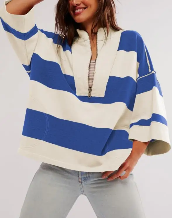 

Striped Contrasting Half Zipper Women's Hoodie, Retro Loose Trendy Brand Sportswear Top