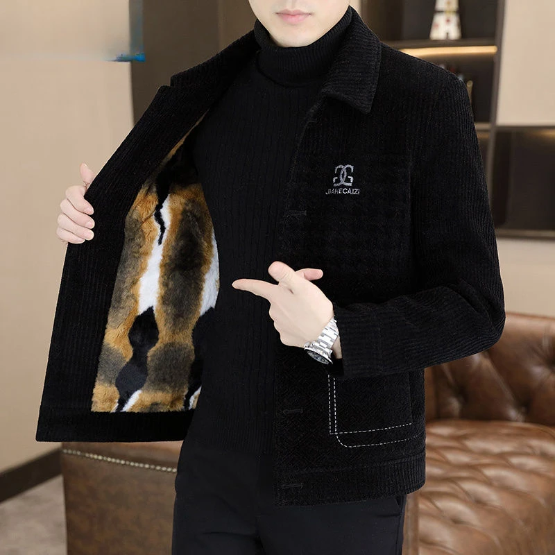 Winter Wool Jacket Men Warm Coat Faux Fur Lined Embroidery Single-breasted Short Coat Tops Thick Luxury Clothing Bomber Jacket