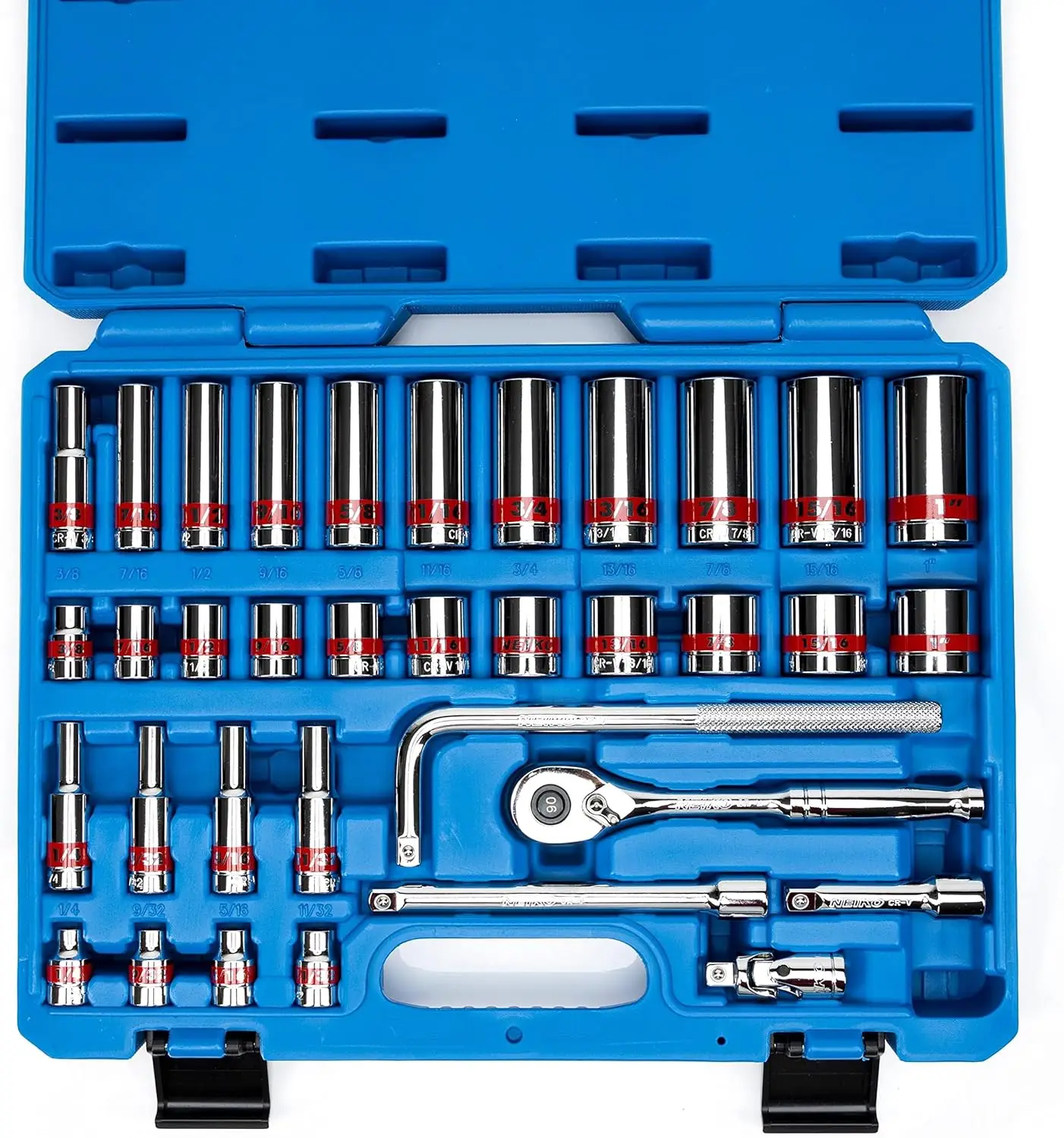 02511A Set di prese di trasmissione da 3/8 "con cricchetto a sgancio rapido 90 denti 35 pezzi Standard e Deep SAE dimensioni da 1/4" a 1 "6 punti