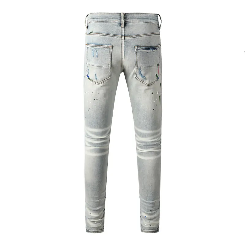 Men's High-Quality Stretch Slim Fit Jeans Blue Y2K Retro Washed Ripped Patch Painted Pleated Hip-Hop Designer