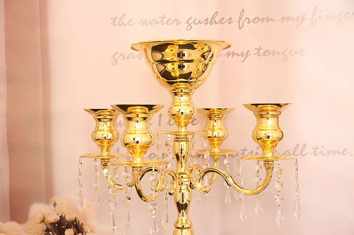 Gold!H75cm * W48cm, gold 5 Heads Crystal Candelabra, Candle Holder, wedding Centerpiece, flower bowl Candle holder with pendants