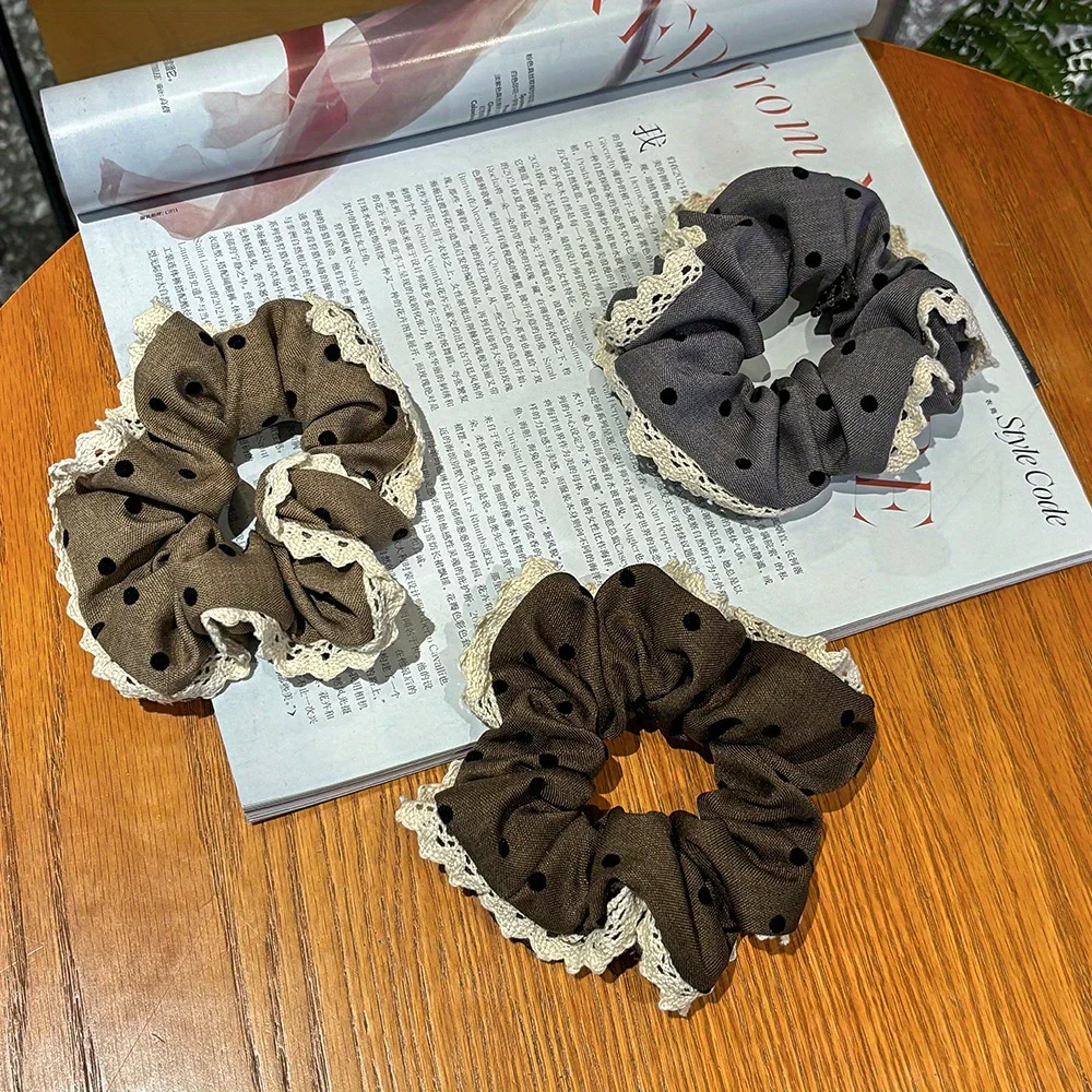 

Lace Trimmed Polka Dot Scrunchie for Women Bohemian Ponytail Holder High Elasticity Hair Tie Daily Hair Accessories