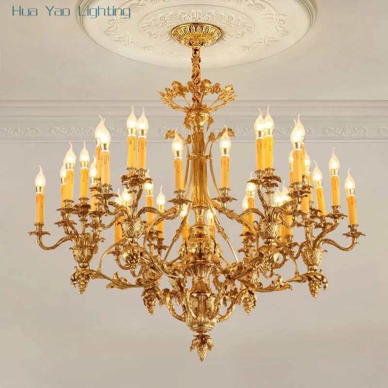

French Antique Carved Copper Led Pendant Lights European Baroque Villa Living Room Dining Room Brass Large Chandelier