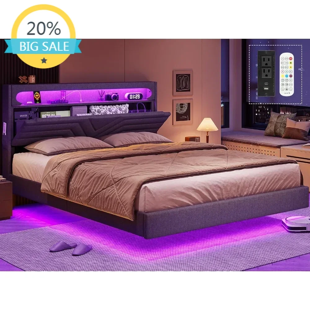 

Бестселлер: Плавающая кровать-платформа BestsellerQueen с RGB LED подсветкой на изголовье, комбинированным питанием USB-C/A, обивкой из льняной ткани и местом для хранения