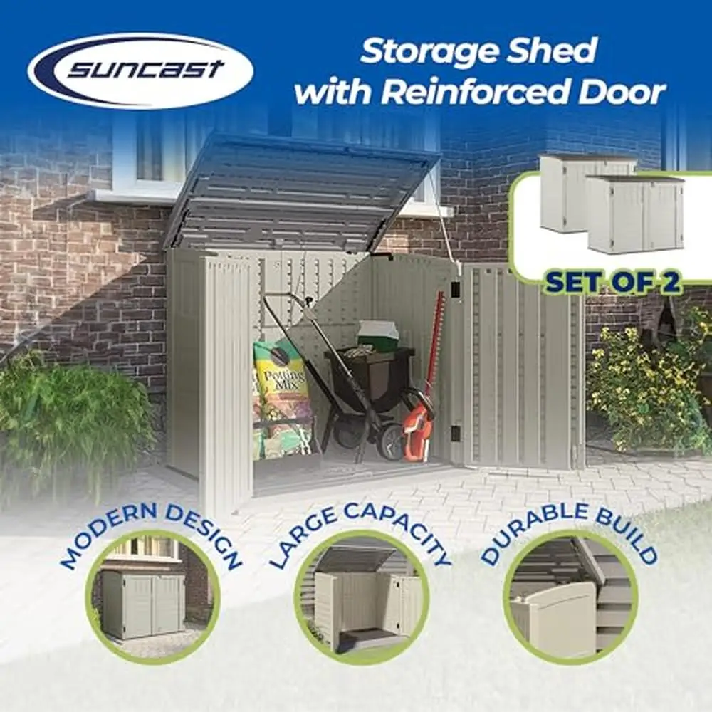 Outdoor Storage Shed Enclosure Multi-Wall Panels Three Door Locking System 34 Cubic Feet Vanilla 2 Pack Garden Tools Trash Can