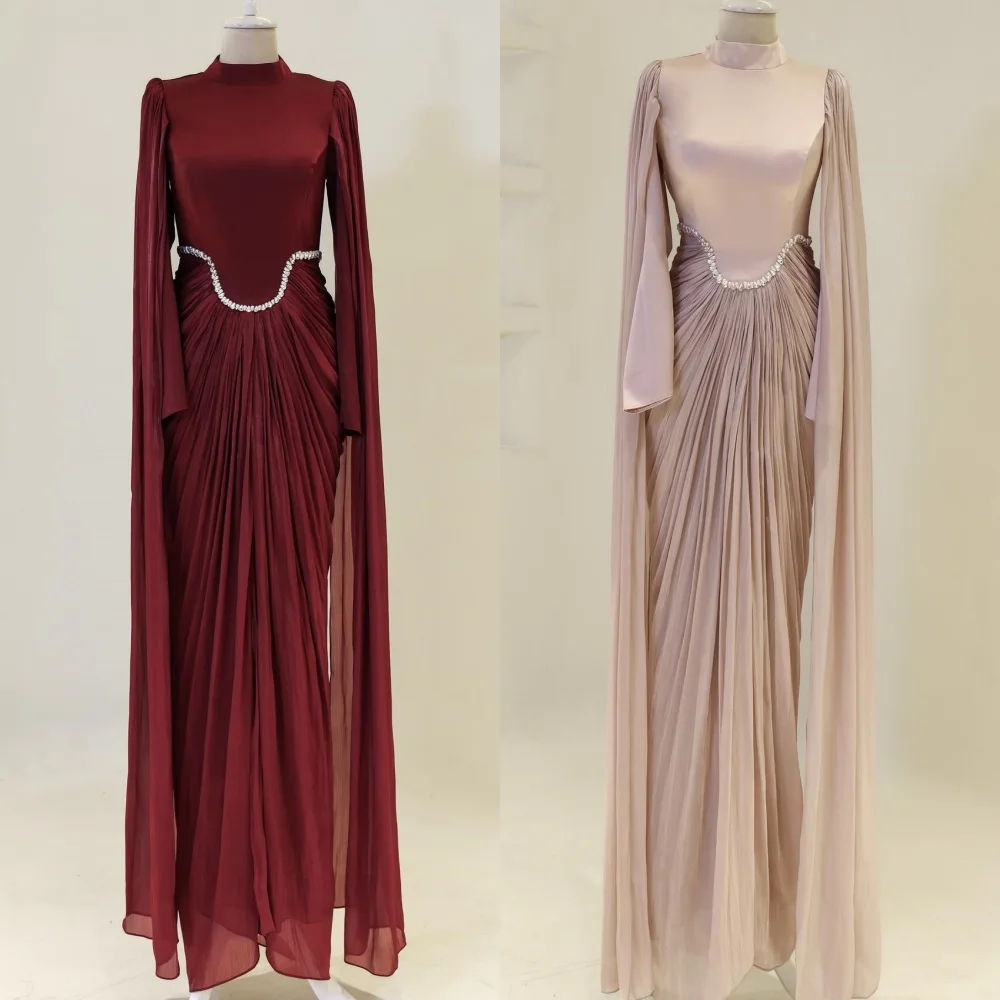 

Customized High Quality Formal Charmeuse Rhinestone Pleat Straight High Collar Long Dresses Bespoke Occasion Dresses Elegant