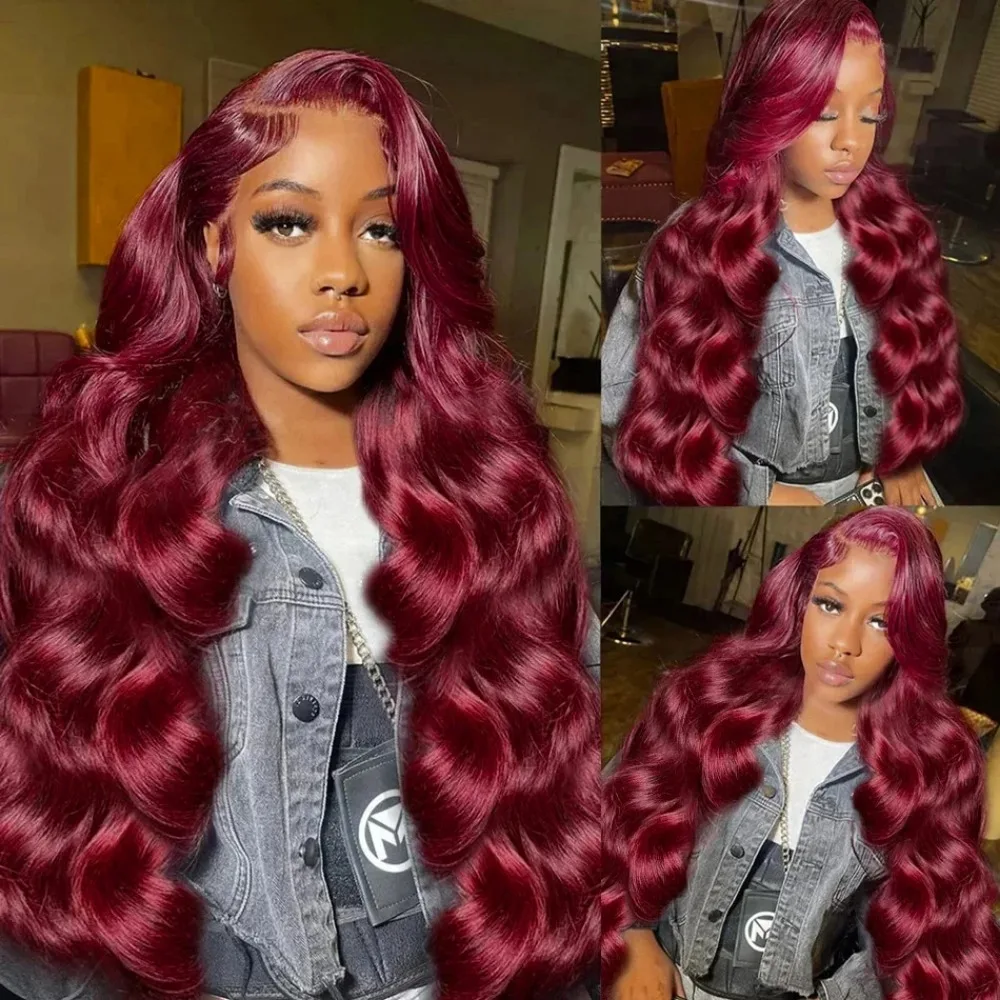 200 الكثافة 36 بوصة HD موجة الجسم الشفاف 99J بورجوندي الدانتيل الجبهة الباروكات 13x6 HD الدانتيل أمامي الأحمر اللون الباروكات 100% الشعر البشري