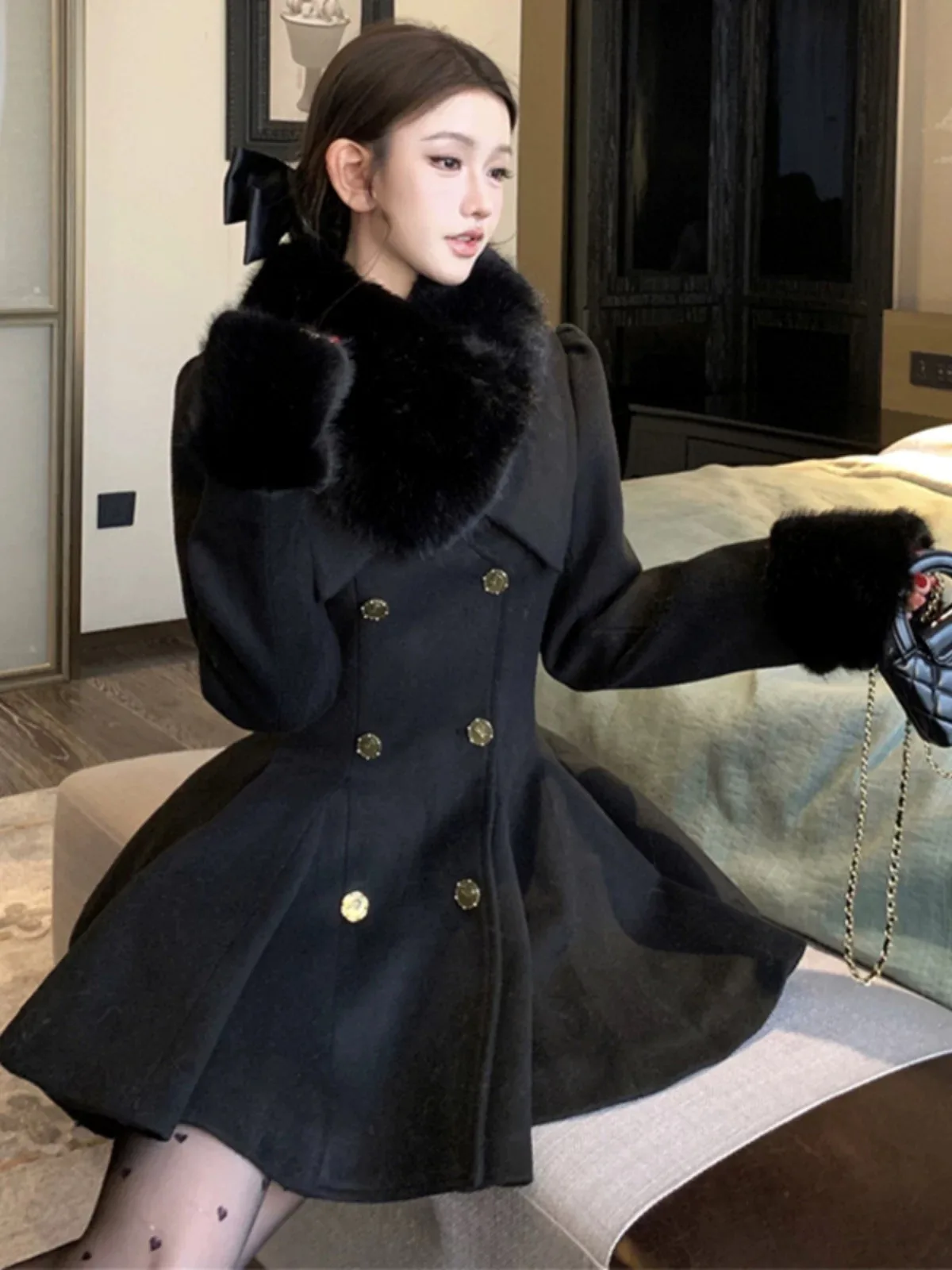 

Hebe Sle Thiened Winter Coat Women's Fur Collar Jaet Korean Version Slim Fit Double Breasted Long Sve Color