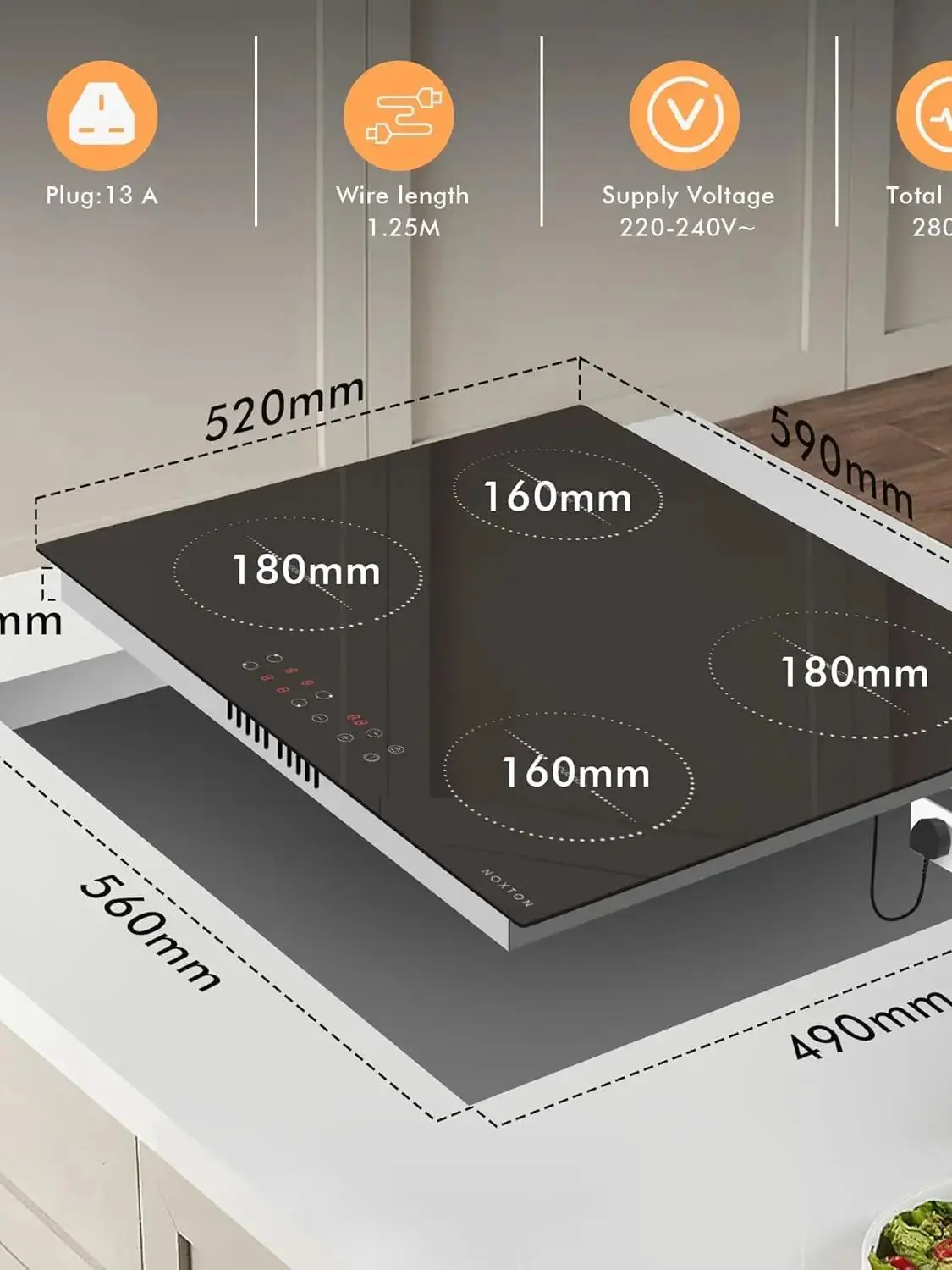 NOXTON Plug-in inductiekookplaat, 4 zones elektrisch 60 cm ingebouwd, touch, veiligheidsslot, 99 minuten timer, zwart, (UK: 2800 W/EU:3500 W) - afbeelding 2