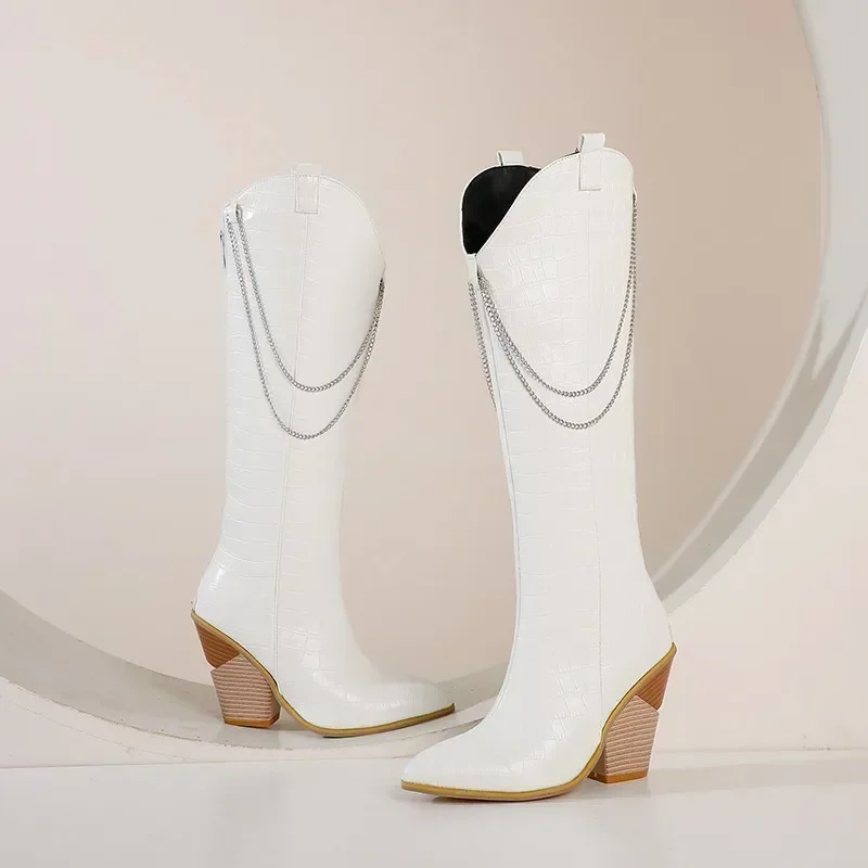 Women Western Knee High Boots White Brown Snakeskin Chunky Heels Club Party Lady Metal Chain Punk Pointed Toe Cowboy Long Boots - view 5