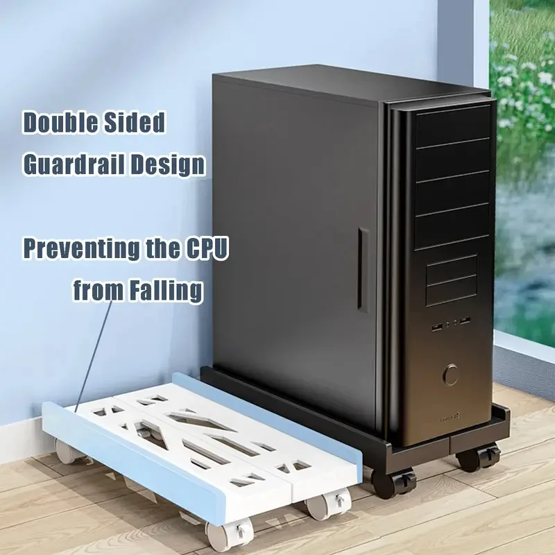 Adjustable Ventilated PC Tower Stand With 4 Caster Wheels Mobile Computer Holder Space Saving Under Desk Bracket