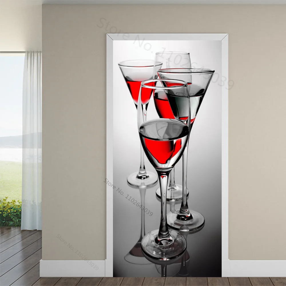 3D Red Wine Cup Door Sticker Room Home Decoration Red Rose Poster Wall Sticker Tear and Stick PVC Waterproof Wall Mural Vinyl