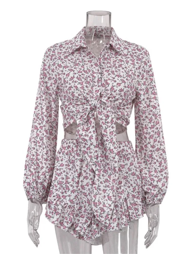 2026 New Woman 2 Piece Set Outfit Floral Printed Long Sleeve Lapel Leace-up Shirts Short Pants Two Piece Outfits Simple Style