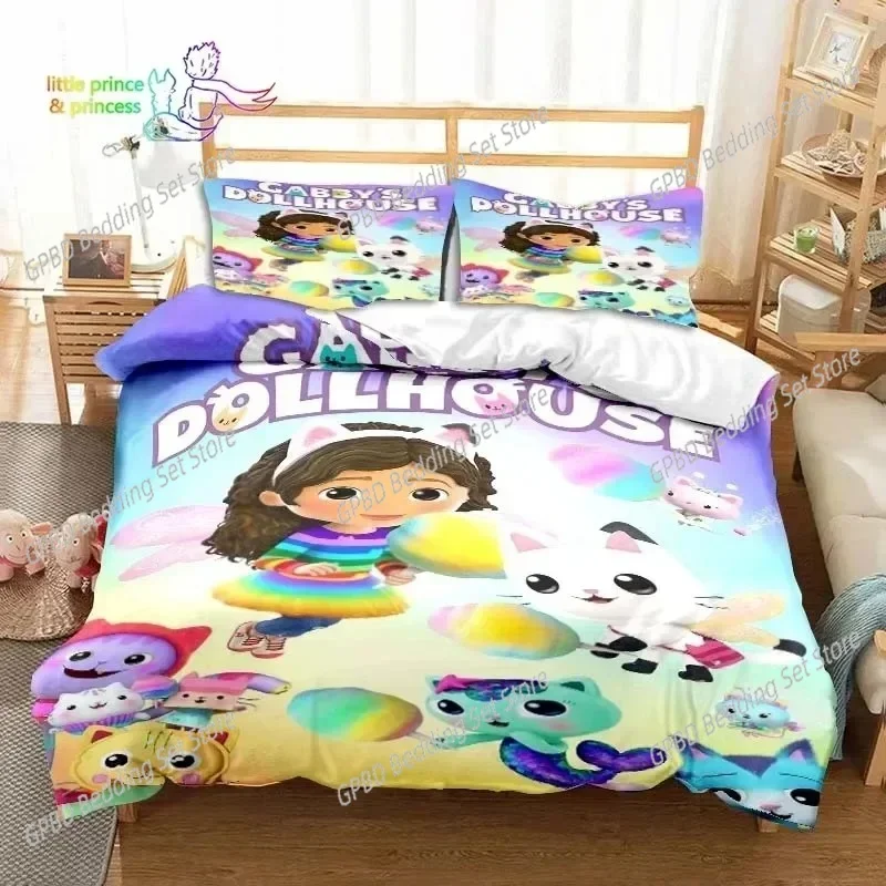 Gabby's Dollhouse Cartoon 3D Comfortable Duvet Quilt Cover Pillowcase Bedding Set Children Bedroom Decoration Home Textile