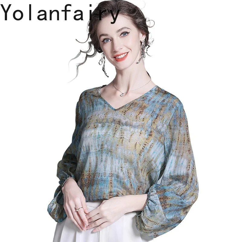 

YOLANFAIRY 2026 Fashion Spring 100% Real Mulberry Silk Blouses Woman Elegant Floral T Shirts Long Sleeve Tops Unique Tee Shirt