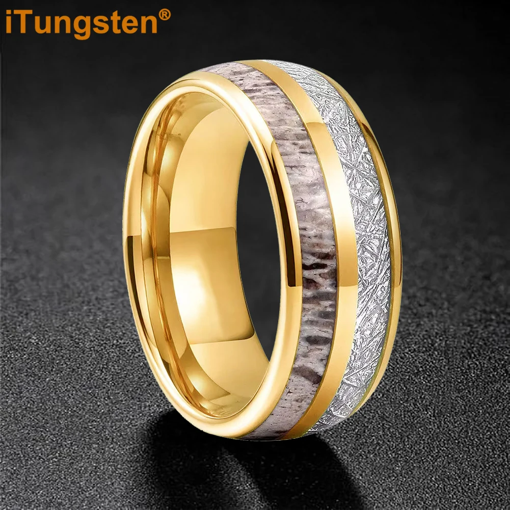 Itungsten 6/8mm Deer Antler And Meteorolite Inlay Tungsten Carbide Wedding Ring for Men Women Polished Bevel Edges Comfort Fit