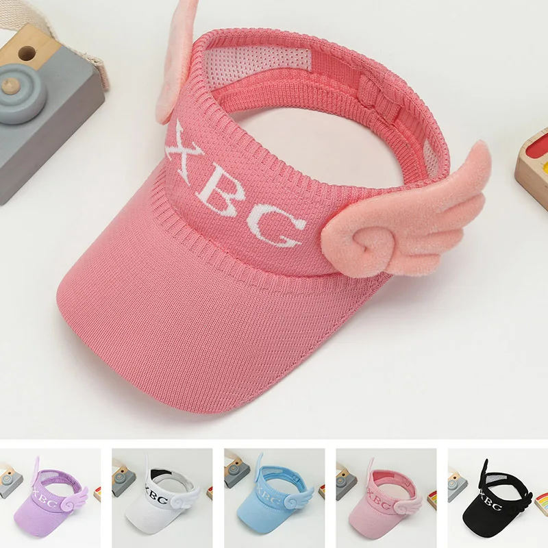 New 2-10Yrs Kids Wings Knitting Sun Visor Cap Angel Girl Summer Adjustable Cap Pink Blue Red Size 48-56CM Tennis Cap Beach Hat