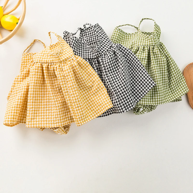 New Korean Baby Girl Sling Bag Fanny Dress Summer Thin Plaid Baby Onesie Casual Sweet Dress Children Knee-Length Skirt For 0-1Y