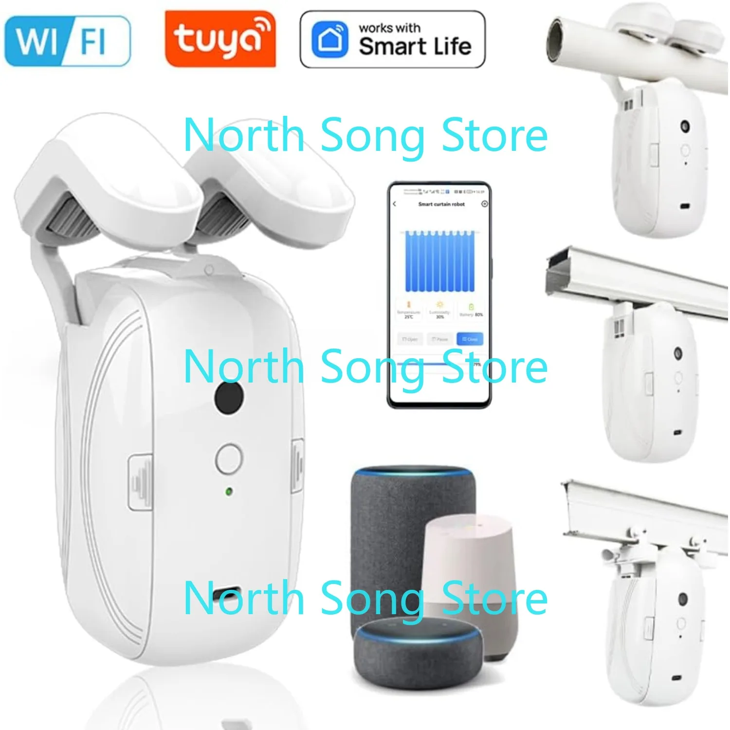 Smart Automatic Curtain Opener,Remote Control with App/Timer/Voice,Automatic Light Sensor,No Remote for Roman rod/T/U track 3in1