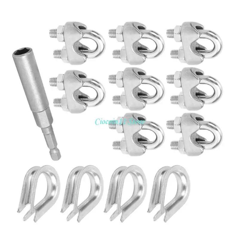 Y1UB Wire Rope Loop Hardware Set with 304 Stainless Steel U-Bolt Clamps, Support Thimbles, and Nut Driver for Railing and
