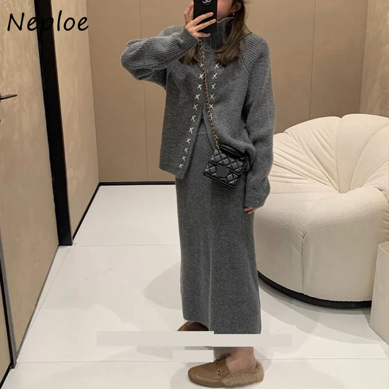 Neploe 2024 Autumn Winter Korean Simple Elegant Knitted Two Piece Suits Femme Stand Up Collar Sweater Coat High-End A-line Skirt