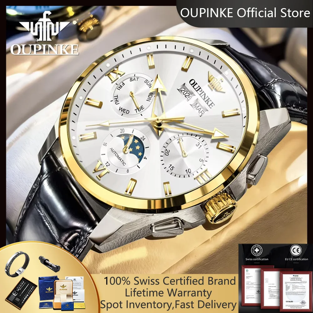 

Мужские автоматические часы OUPINKE 3325 с фазами Луны, кожаным ремешком, вечным календарем, механические наручные часы, роскошные деловые часы для мужчин