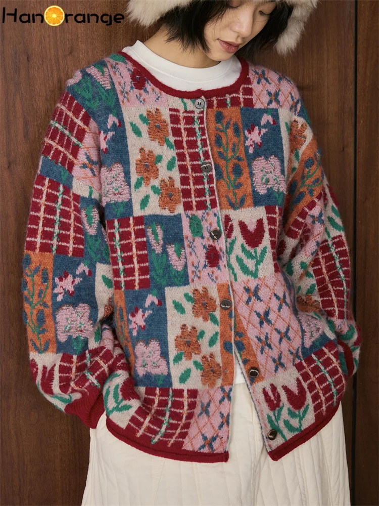 

HanOrange 2025 Winter Retro Patchwork Floral Knitted Wool Sweater Women Loose Silhouette Casual Top Red