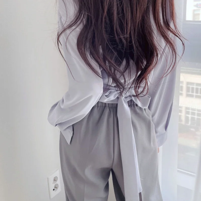 Women Chiffon Shirt Solid Lady Thin Summer Back Tie Bowknot Waist Closing Unique Chic Short Tops