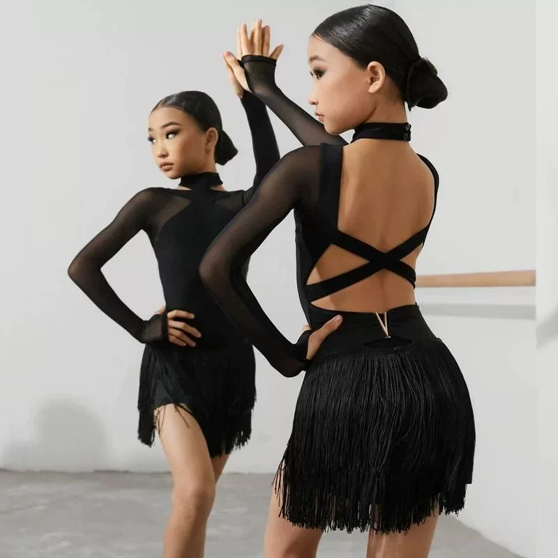 Black Latin Dance Top with breast pad - Performance Salsa Cha Cha Crop Tops for Young Women, Child Latin Dance Clothing Jumpsuit
