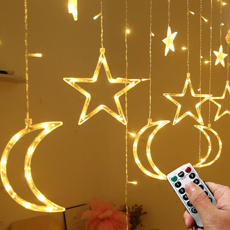 

3.5M 110V 220V LED Star Moon Curtain String Lights with 8 Modes IP44 Ramadan Wedding Party Home Ramadan Decorations