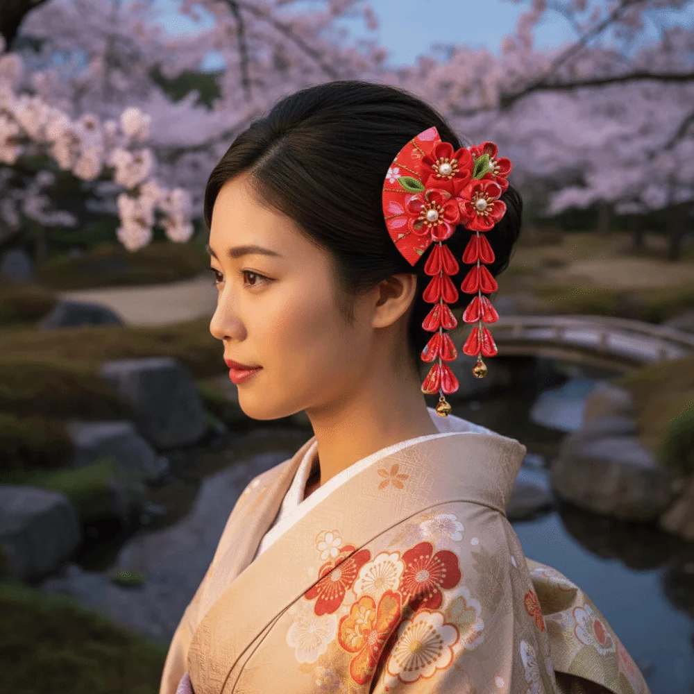 Lovely Tassels Tassel Fan Hairpin Flower Cloth Japanese Kimono Headwear Sakura Hanfu Fan Hair Clip Kimono Hair Clip Girls