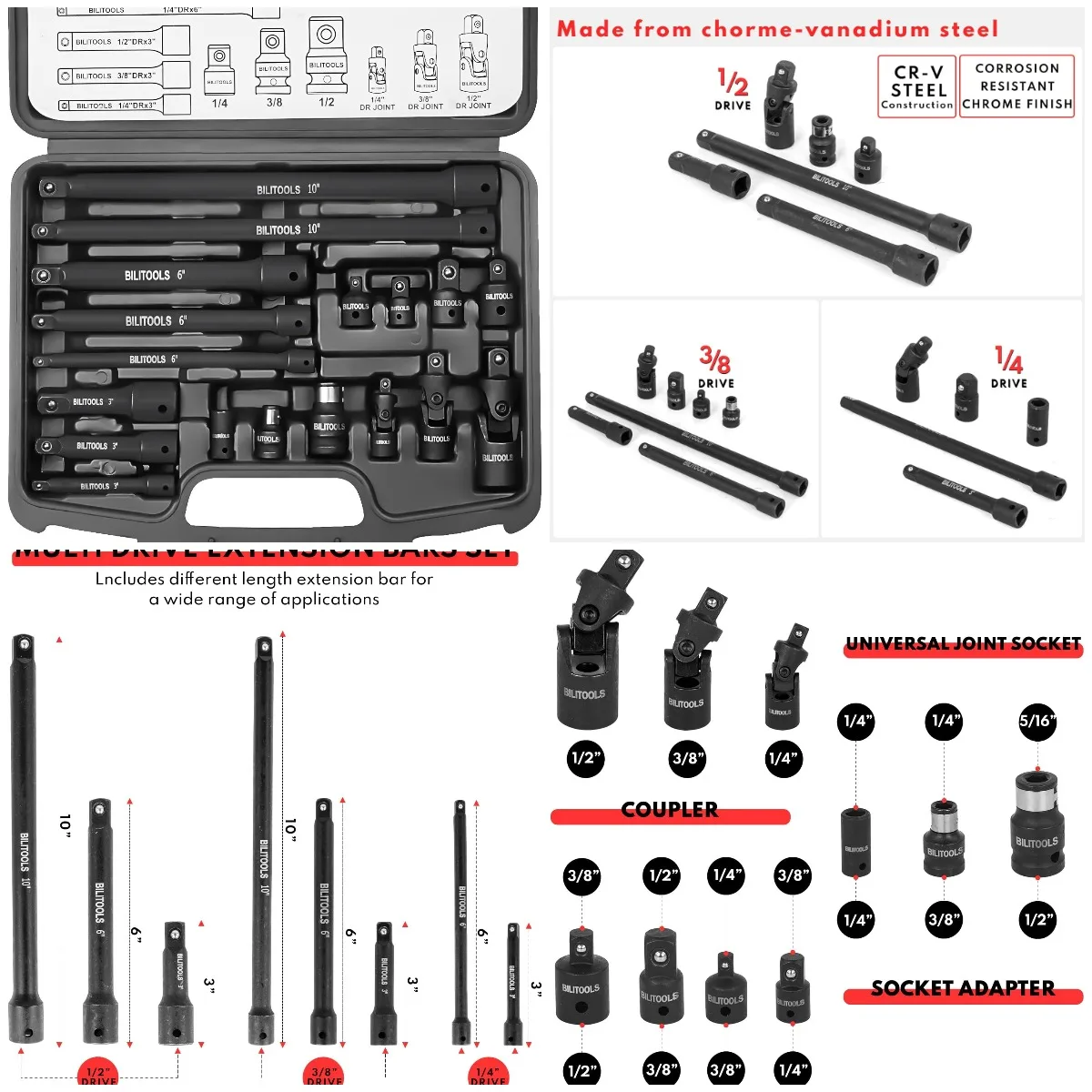 

18-Piece Drive Tool Set, 1/4', 3/8', 1/2' Socket Extensions, Adapters, Universal Joints, Cr-V Steel