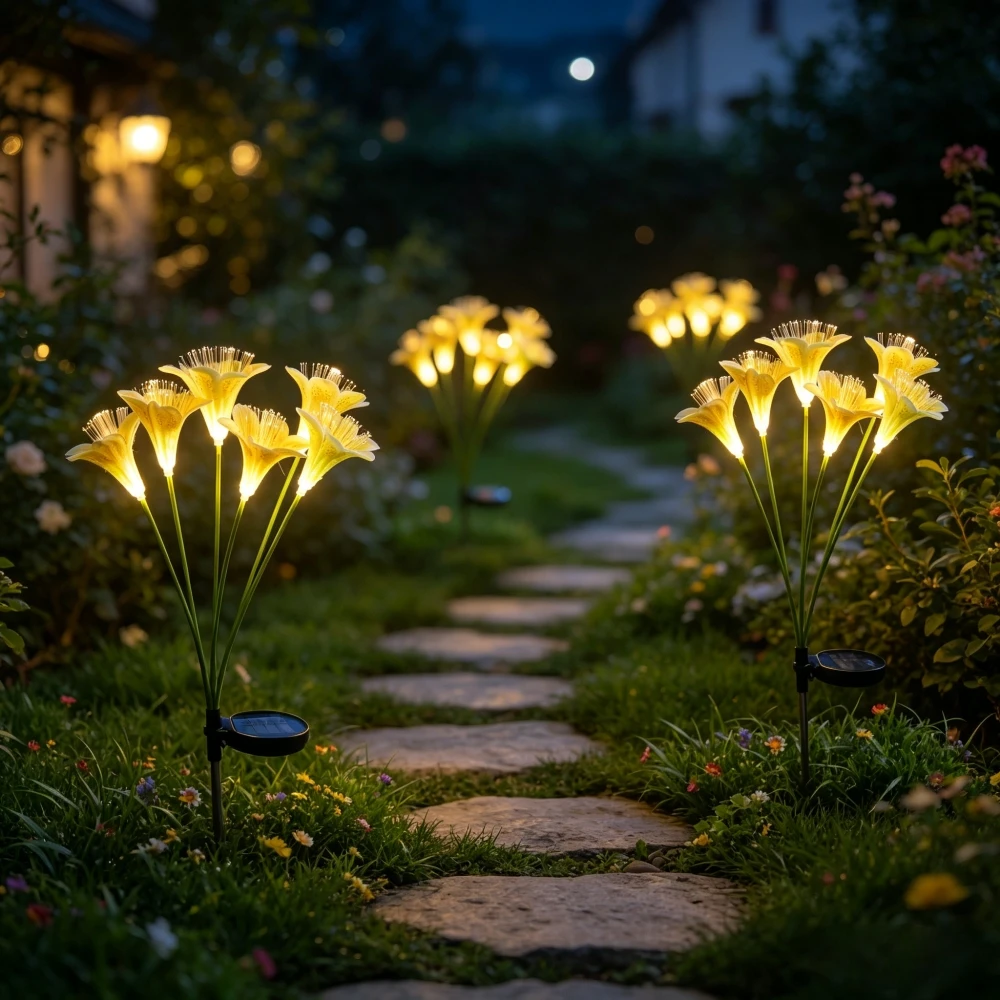 1PC Outdoor Solar Lily Stake Lights, Ground Insertion Fiber Optic LED Lawn Lights, Waterproof Decoration for Courtyard Channels