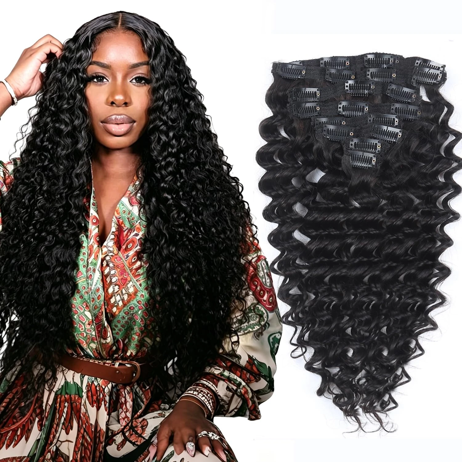 

Deep Wave Clip In Hair Extensions 8pcs/Set Curly Full Head Natural Color Seamless Brazilian Real Clip Ins Human Hair for Women