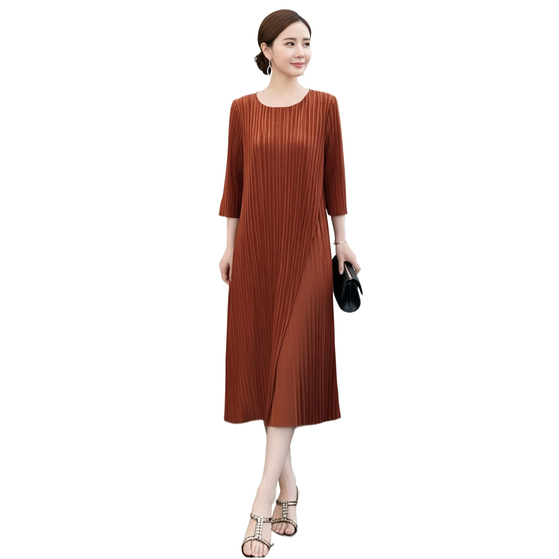 Miyake-vestido Irregular para mujer, Color sólido, elegante, cuello redondo, mangas tres cuartos, cintura suelta, falda acampanada de longitud media