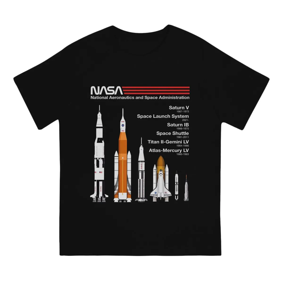 Men Rocket NASA Rockets - Saturn V, SLS, Saturn IB, Space Shuttle, Titan, Atlas Line Up Graphic Printing graphic t shirts