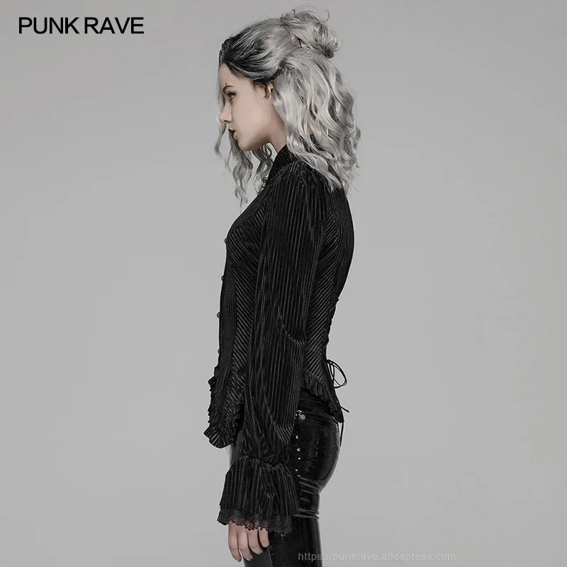 PUNK RAVE Women\'s Gothic Dark-Grain Velvet Elastic Long Sleeve Fashion Shirt Party Club Female Tops Shirts Blouse