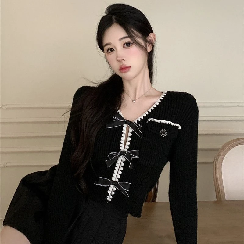 Bow Cardigan Women Japanese Style Retro Elegant Cropped V-neck Slim Solid Full Sleeve Mori Girl  Autumn Fashion Knitwear