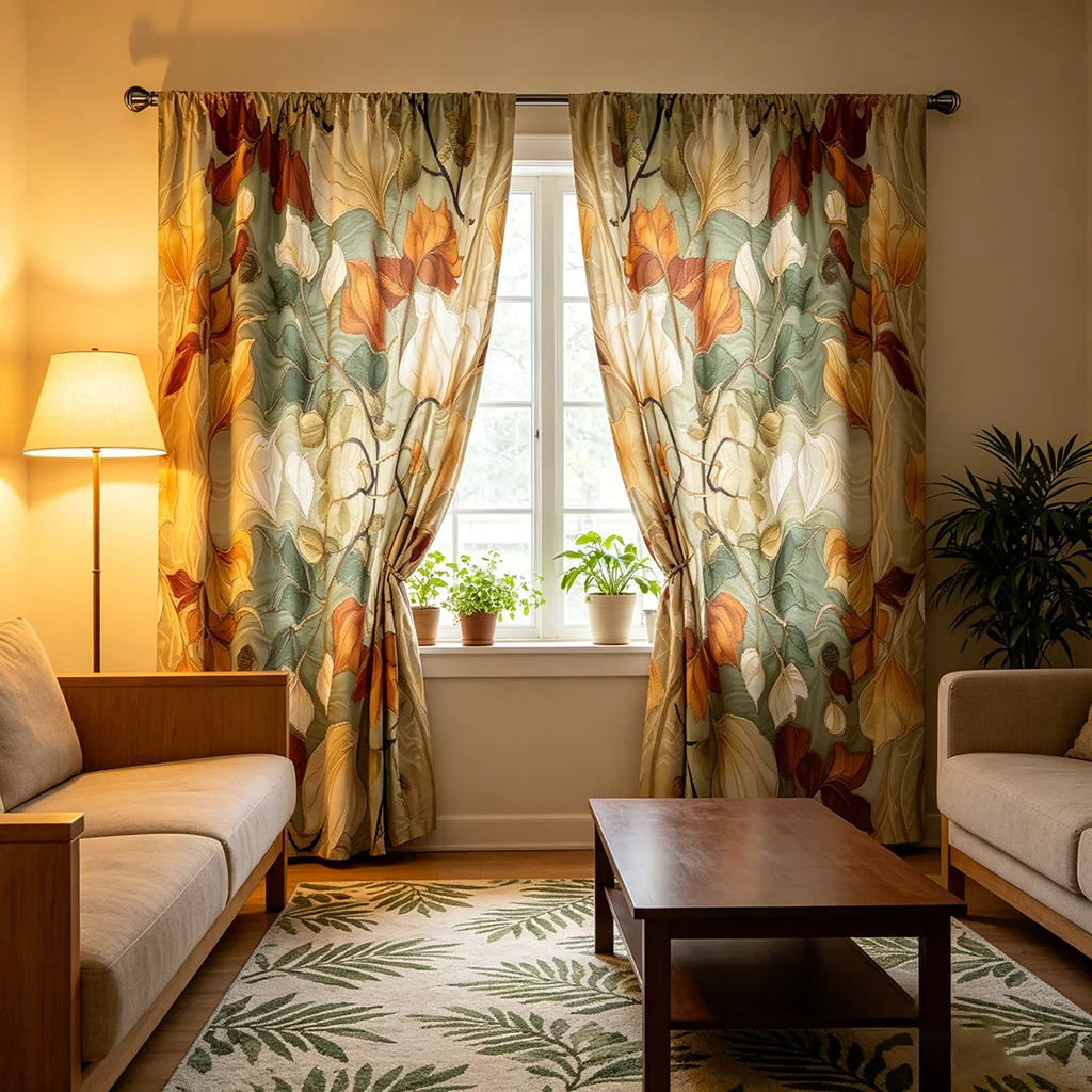 2 pieces of khaki Bohemian floral print curtains with pole bag design, suitable for bedrooms and living rooms