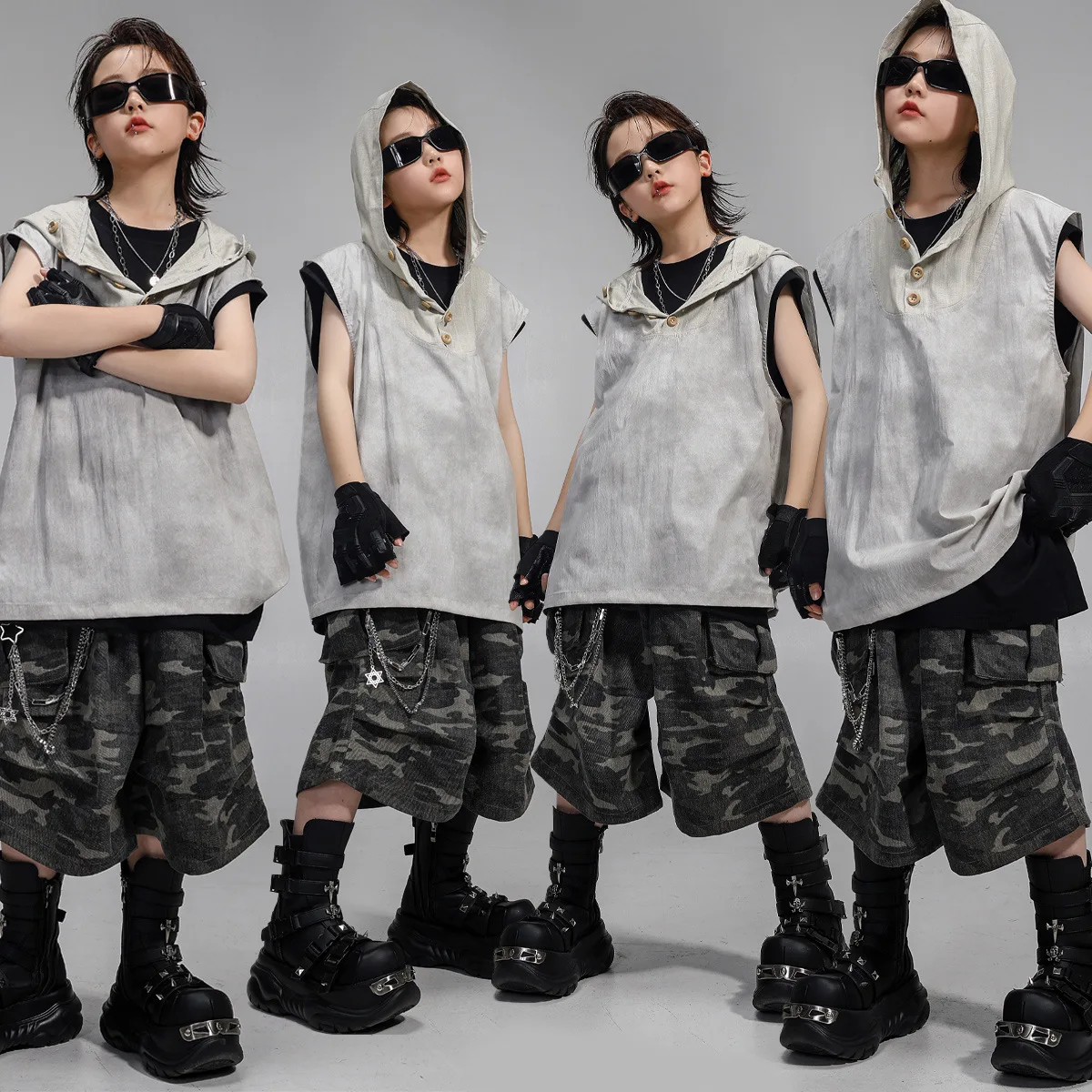 

Kid Kpop Hip Hop Clothing Gray Button Hoodie Tank Top Camo Casual Cargo Shorts for Girls Boys Jazz Dance Wear Costumes Clothes